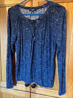 Chaps Blue Paisley Lace-Up Long Sleeve Top